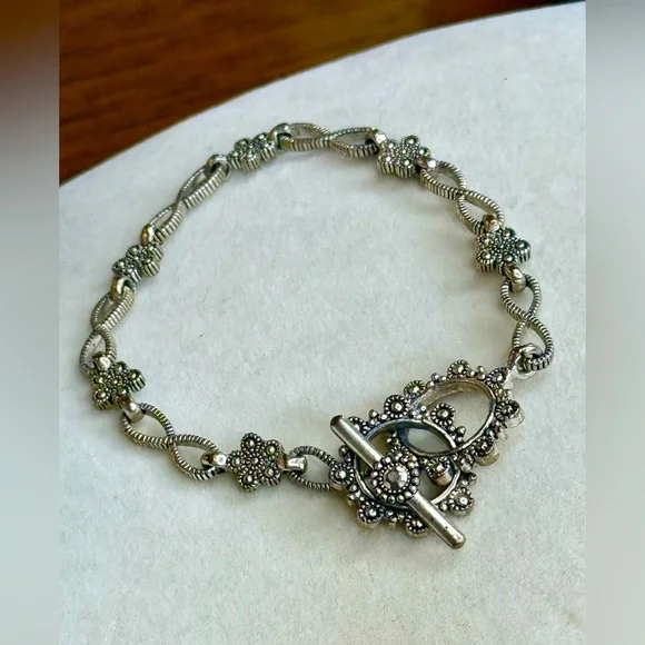 Vintage-Inspired Silver Floral Bracelet w/ Marcasite Accents & Toggle Clasp - Picture 1 of 10